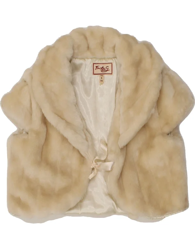 Women's Zip-Up CoatsVINTAGE Womens Short Sleeve Faux Fur Bolero Jacket UK 10 Small Beige