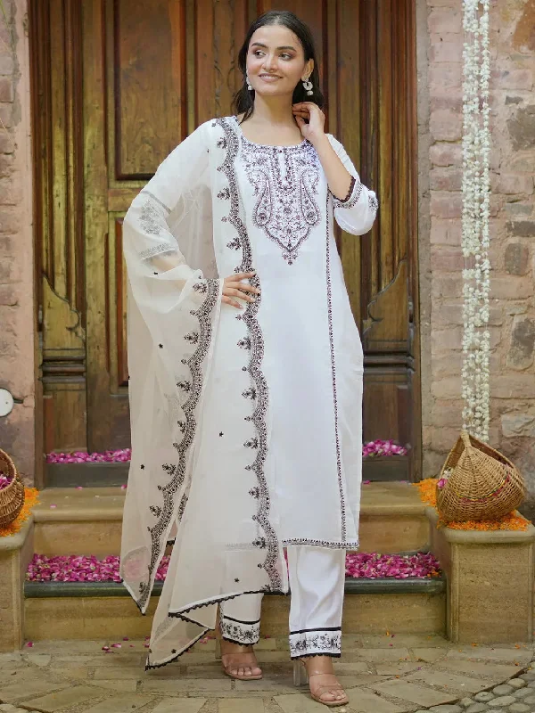 Women's Jumpsuits with High CollarWhite Embroidered Silk Blend Straight Suit With Dupatta