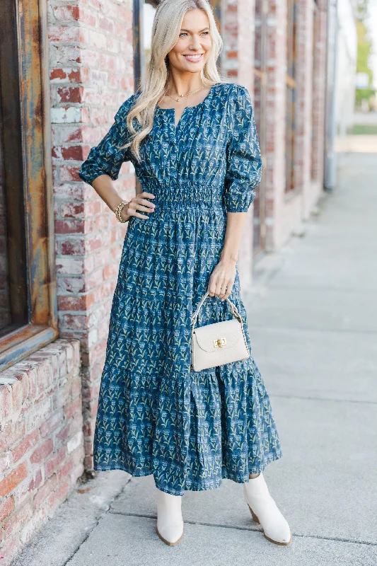 Women's Keyhole-Neck DressesIt's In The Air Navy Medallion 3/4 Sleeve Midi Dress