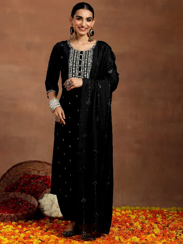 Women's Jumpsuits with BeltBlack Embroidered Silk Blend Straight Suit With Dupatta