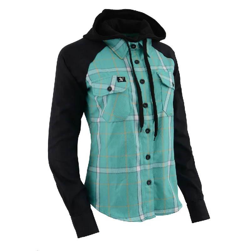 Women's Hooded Sweatshirts with Elastic WaistMilwaukee Leather MNG21601 Women's Casual Black and Teal Long Sleeve Cotton Flannel Shirt with Hoodie