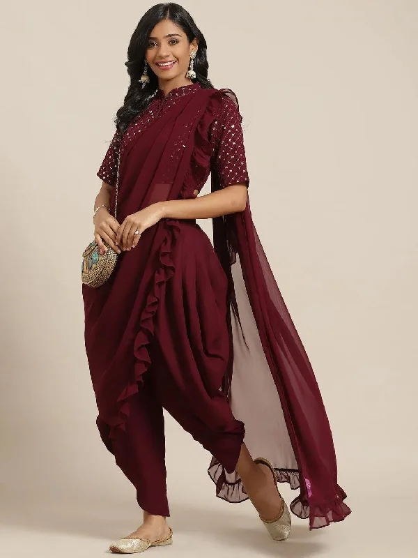 Women's Jumpsuits with Rounded HemBurgundy Embellished Georgette Dhoti Saree