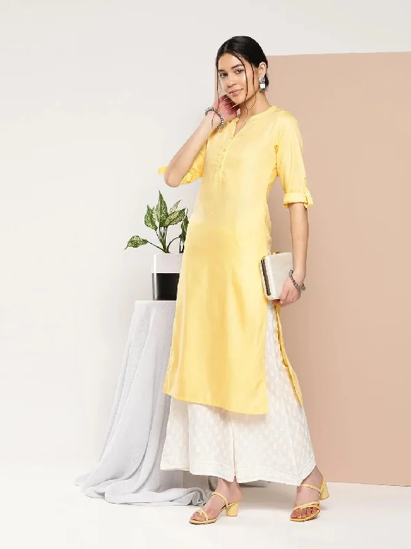 Women's Jumpsuits with Peter Pan CollarYellow Woven Design Cotton Straight Kurta