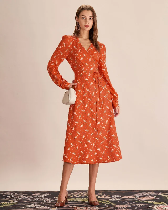 Women's V-Neck DressesOrange Floral Wrap Midi Dress