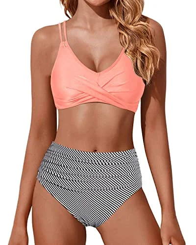 Ruched High Waisted Bikini Set Two Piece Swimsuits Push Up Wrap Swim Suits-Coral Pink Stripe