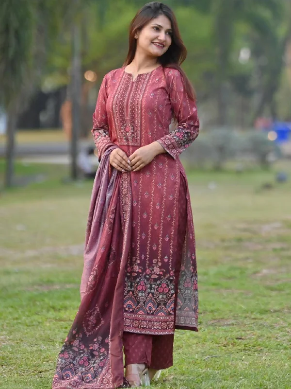 Women's Jumpsuits with Collarless DesignMaroon Printed Crepe Straight Kurta With Trousers & Dupatta