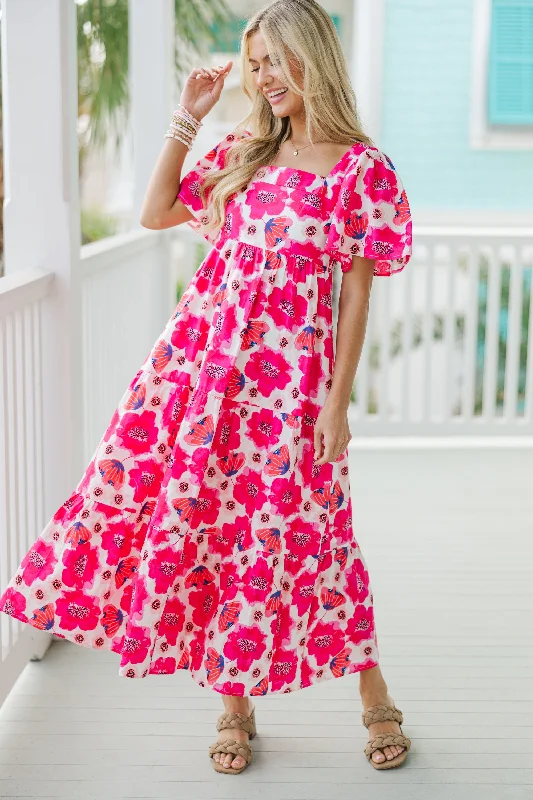 Women's Short-Sleeve DressesAnswer The Call Hot Pink Floral Midi Dress