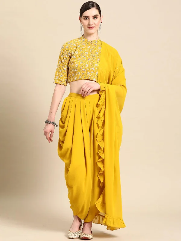 Women's Jumpsuits with Keyhole CollarMustard Embroidered Georgette Dhoti Saree