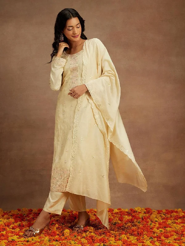 Women's Jumpsuits with Narrow CollarYellow Embroidered Silk Straight Suit With Dupatta