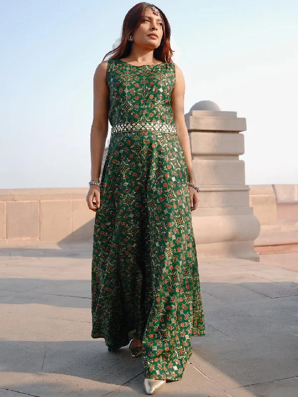 Women's Jumpsuits with Keyhole CollarGreen Printed Silk Blend Jumpsuit With belt