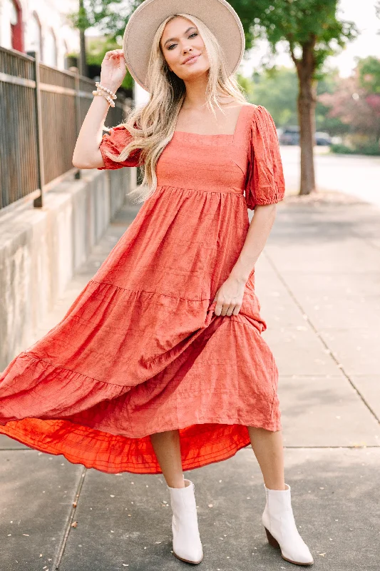 Women's Collarless DressesThink About It Rust Orange Midi Dress