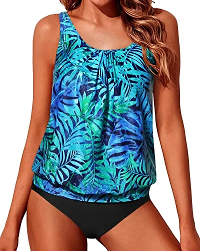 Two Piece Blouson Tankini Swimsuits for Women Loose Fit Swimwear