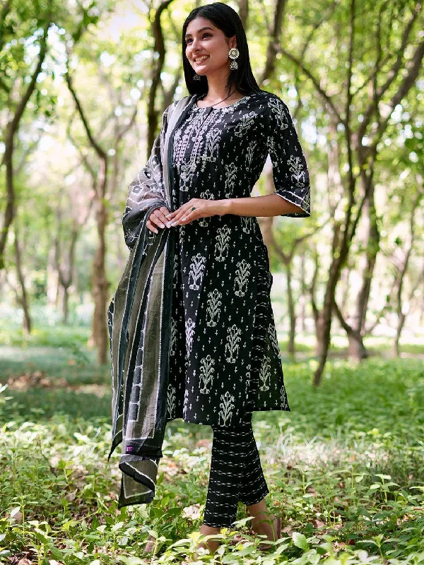 Women's Jumpsuits with V-Shaped CollarBlack Printed Cotton Straight Kurta With Trousers & Dupatta