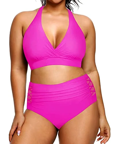 Plus Size Two Piece Halter Bikini Swimsuit Tummy Control High Waisted-Neon Pink