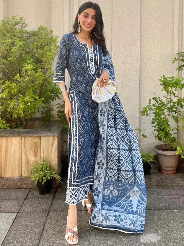 Women's Jumpsuits with BeltBlue Printed Cotton Straight Kurta With Palazzos & Dupatta