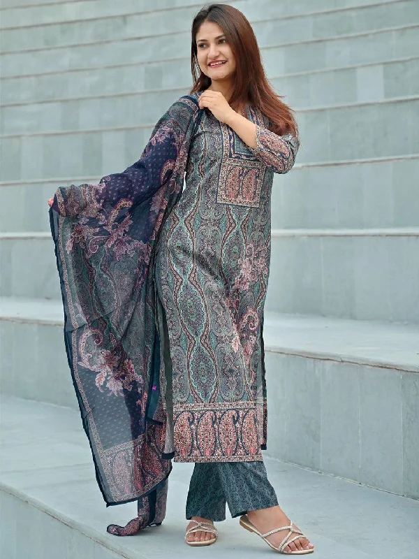 Women's Jumpsuits with Sweetheart NeckBlue Printed Crepe Straight Kurta With Trousers & Dupatta