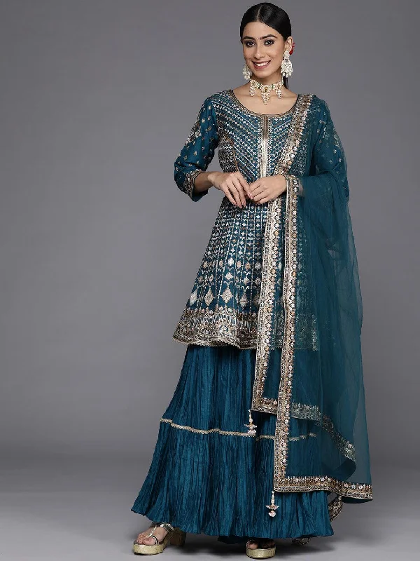 Women's Jumpsuits with High WaistLibas Art Blue Embroidered Silk Anarkali Suit Set