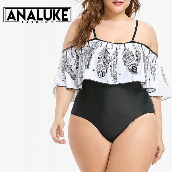 Plus Size Feather Printed Swimsuit