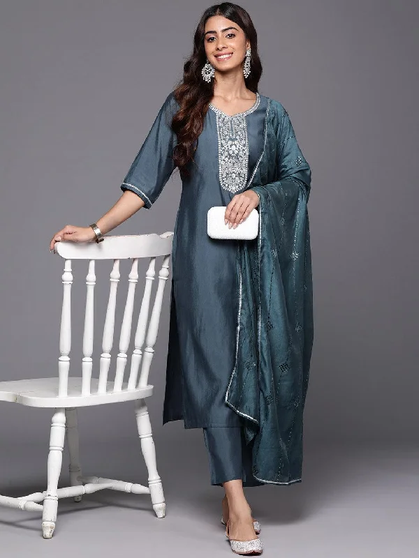 Women's Jumpsuits with Notched CollarGrey Yoke Design Silk Blend Straight Suit With Dupatta