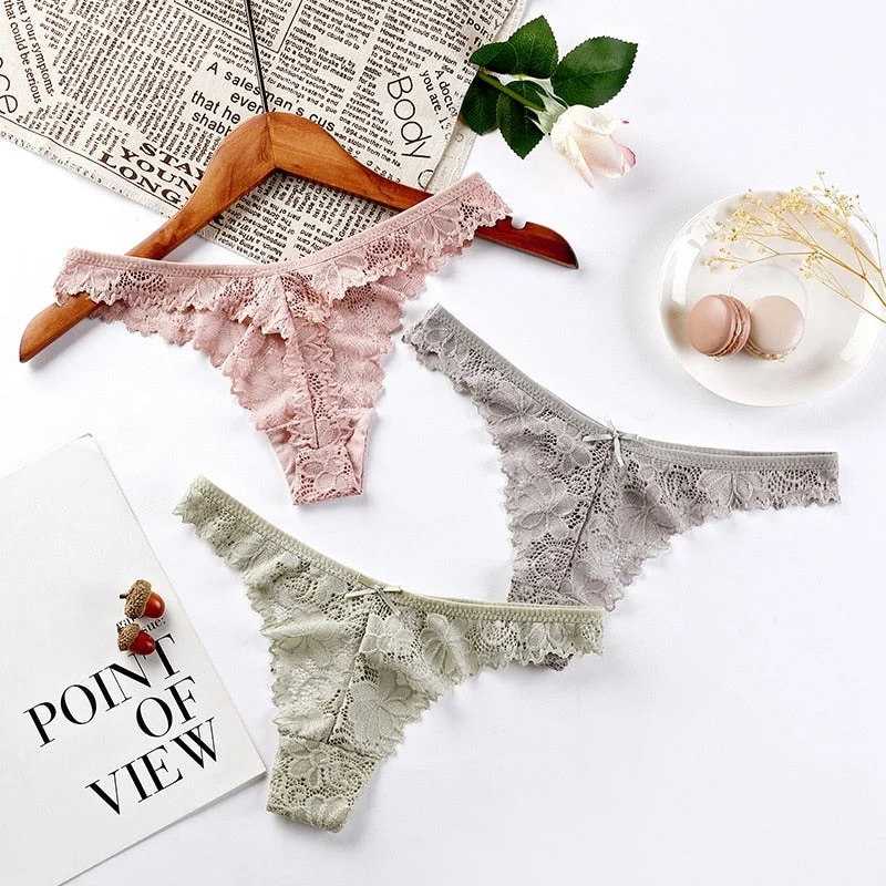 plus-size high-slit hipster panties3Pcs/Lot Sexy Lace Thong Low Waist Lace Transparent Panties Women Hollow out Breathable G String Briefs Bow Underwear Lingerie