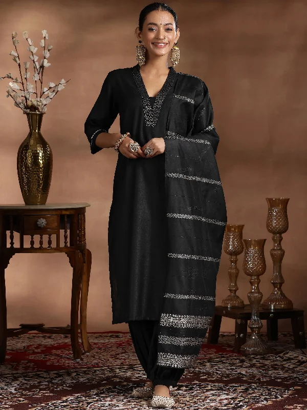 Women's Jumpsuits with Flared LegBlack Solid Cotton Blend Straight Suit With Dupatta