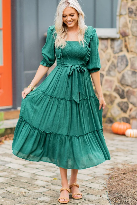 Women's Keyhole Collar DressesFeel Your Love Hunter Green Ruffled Midi Dress