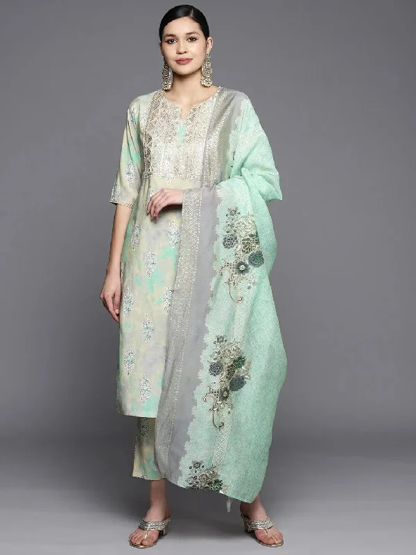 Women's Jumpsuits with Mandarin CollarGreen Yoke Design Silk Blend Straight Kurta With Trousers & Dupatta