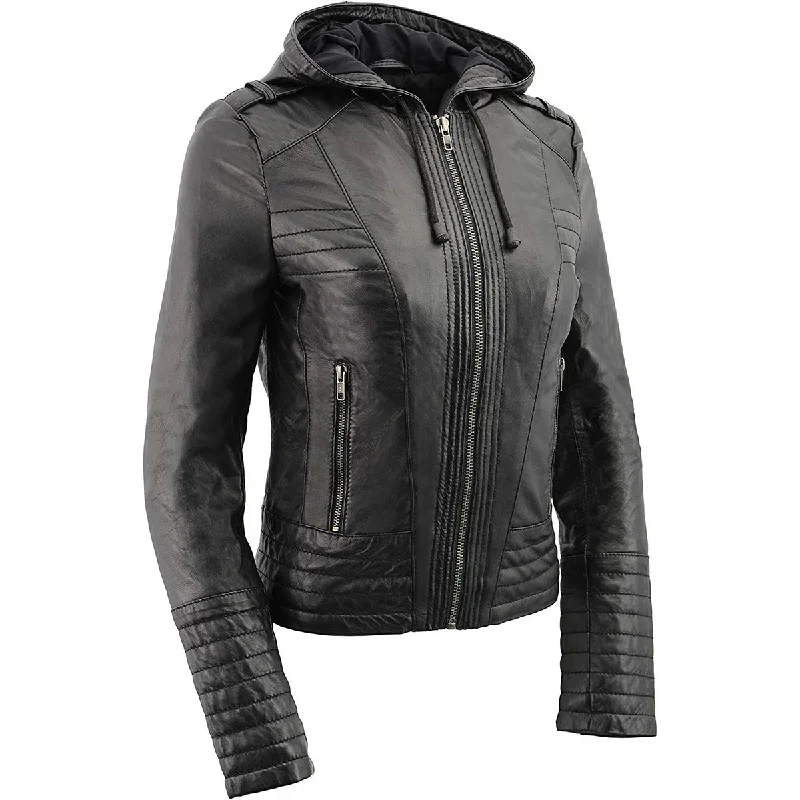 Women's Hooded Sweatshirts with Flannel LiningMilwaukee Leather SFL3554 Women's Black Scuba Style Zippered Front Motorcycle Fashion Leather Jacket with Hoodie