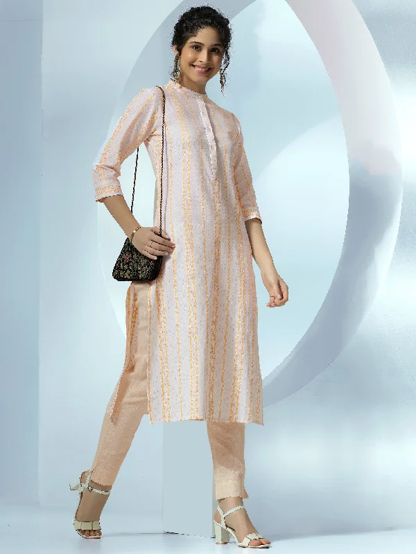 Women's Jumpsuits with U-Shaped CollarWhite Woven Design Cotton Straight Kurta