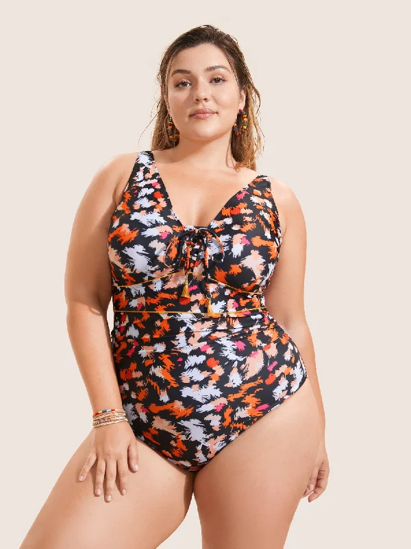 Women's JumpsuitsBrush Print Ties Tassel One Piece Swimsuit