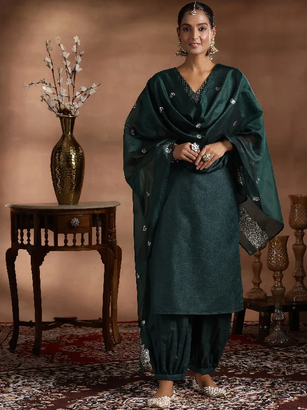 Women's Jumpsuits with Low CollarGreen Solid Cotton Blend Straight Suit With Dupatta