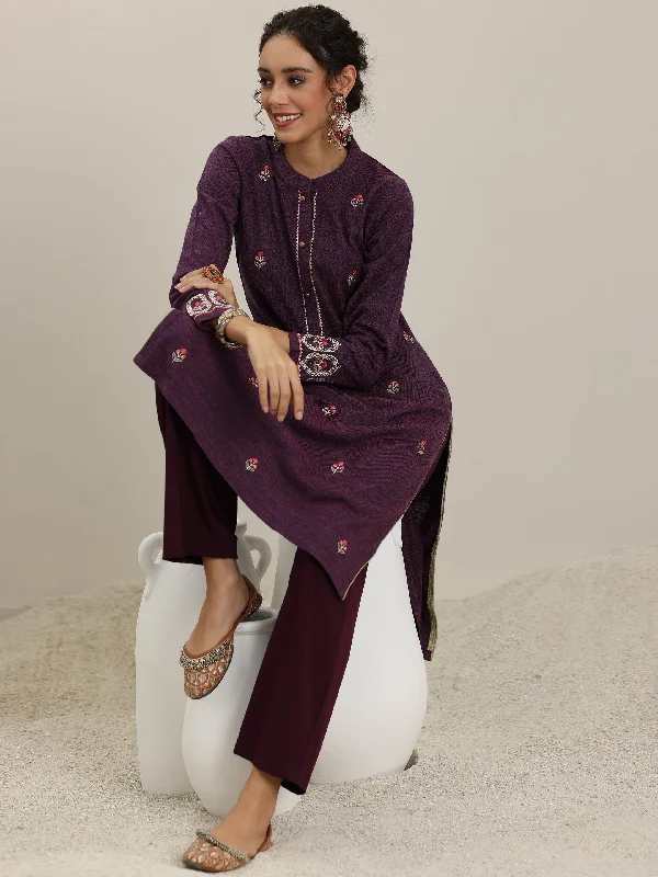 Women's Jumpsuits with Shawl CollarWine Embroidered Wool Straight Kurta