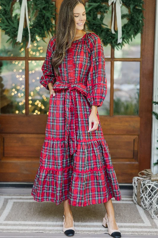 Women's Gathered DressesAll Good Things Red Plaid Midi Dress