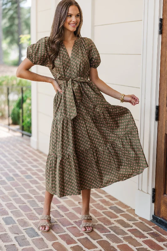 Women's Round-Neck DressesPinch: Make Your Day Dark Olive Printed Midi Dress