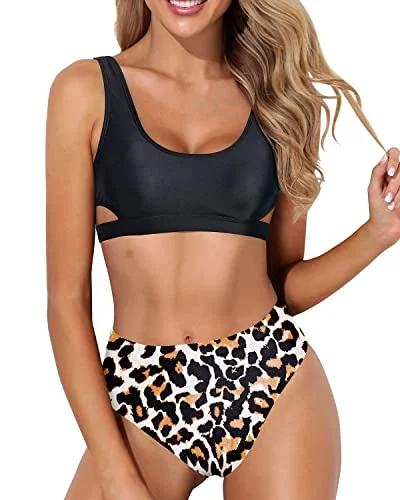 High Leg Bikini Set For Women 2 Piece High Waisted Sport Swimsuit-Black And Leopard