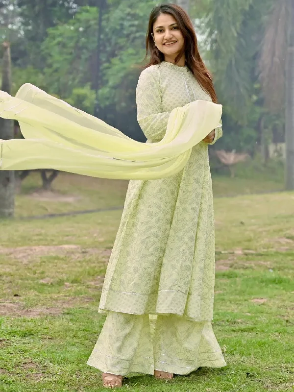 Women's Jumpsuits with U-Shaped CollarYellow Printed Cotton A-Line Kurta With Palazzos & Dupatta