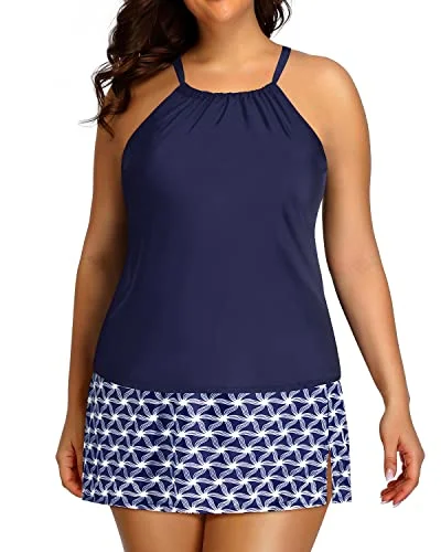 Women's Plus Size High Neck Tankini with Skirt Tummy Control Bathing Suits