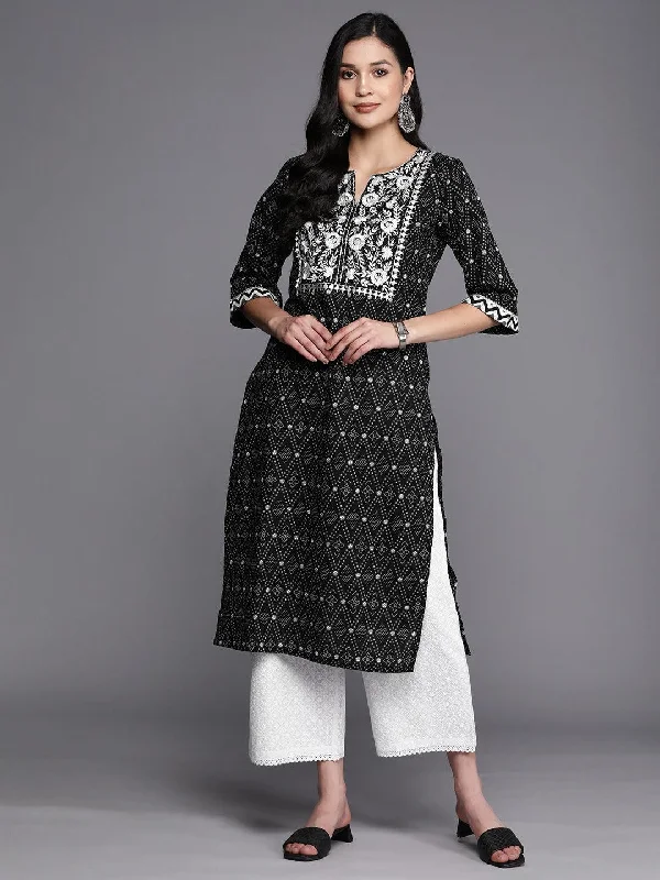 Women's Jumpsuits with Shawl CollarBlack Printed Cotton Straight Kurta