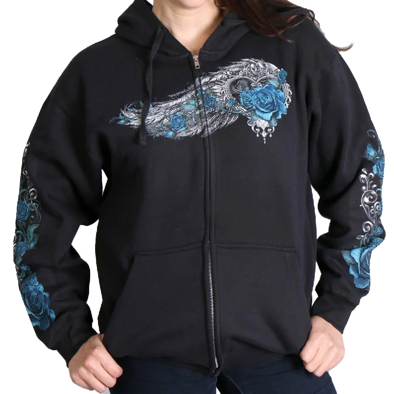 Women's Hooded Sweatshirts with Flap PocketsHot Leathers GLZ4345 Women's 'Angel Roses' Zip Up Hooded Black Sweat Shirt