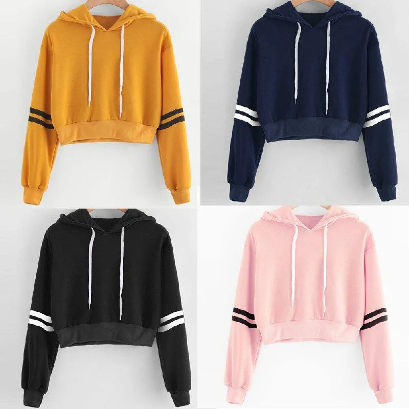 Women's Hooded Sweatshirts with Corduroy LiningStriped printed long-sleeve cropped hooded sweatshirt Short T-shirt