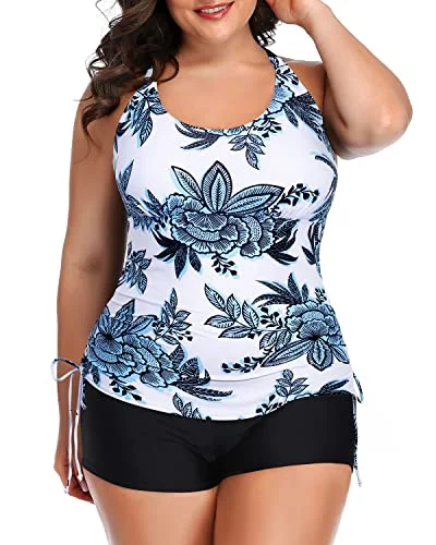 2-Piece Plus Size Swimsuit Adjustable Straps Boyleg Shorts-White And Blue Floral