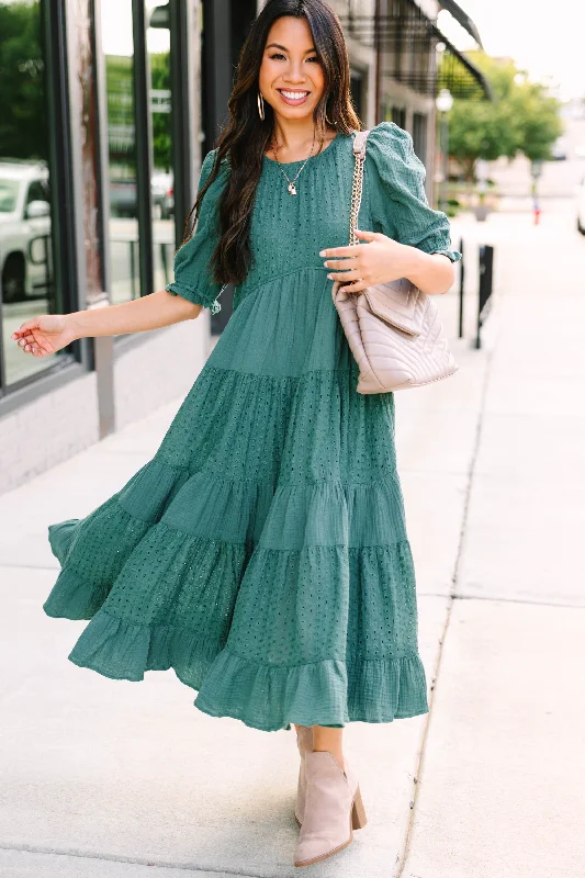 Women's Fit and Flare DressesMaking Moves Spruce Green Eyelet Midi Dress