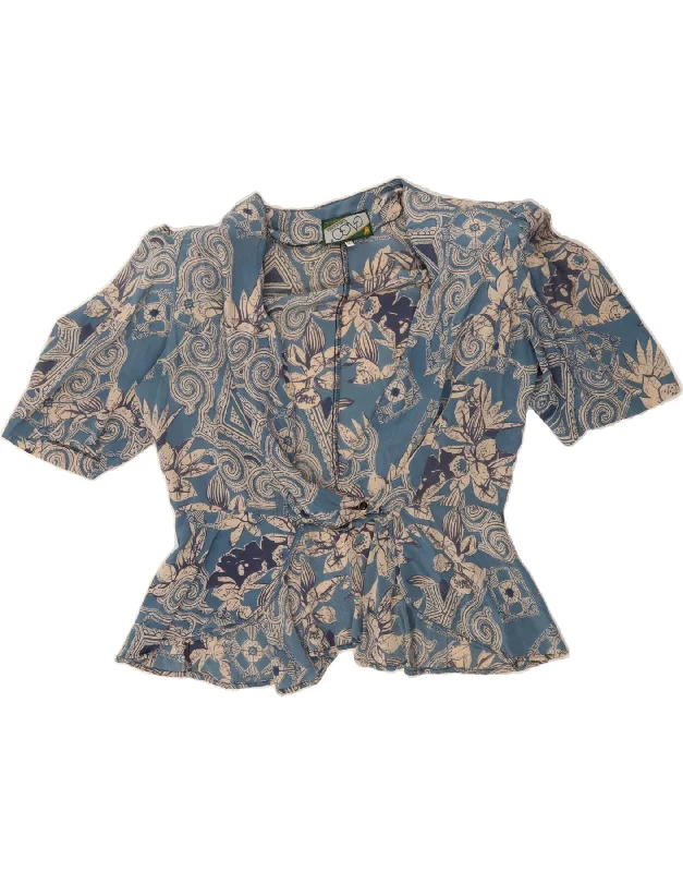 Women's Rain CoatsVINTAGE Womens Short Sleeve 1 Button Blazer Jacket IT 50 XL Blue Floral