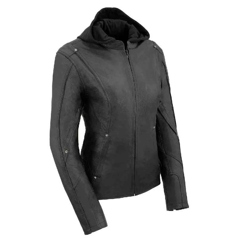 Women's Hooded Sweatshirts with Zipper PocketsMilwaukee Leather MLL2555 Women's Black 3/4 Hooded Leather Jacket with Side Stretch