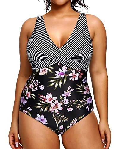 Plus Size One Piece Swimsuit For Women Tummy Control Slimming Swimwear-Stripes And Flowers