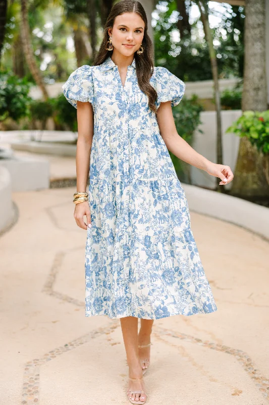 Women's Collarless DressesPerfect For You Blue Toile Button Down Midi Dress