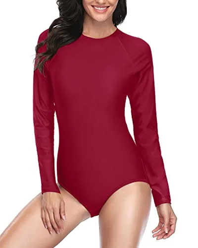 Unique Zipper Back Design Rash Guard Long Sleeve Swimsuit-Red