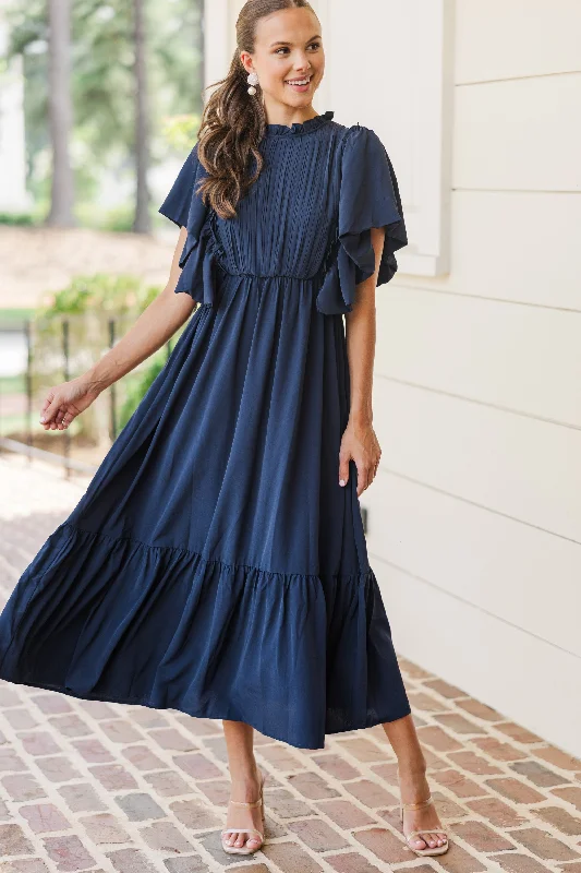 Women's Off-Shoulder DressesAll The Good Navy Blue Ruffled Midi Dress