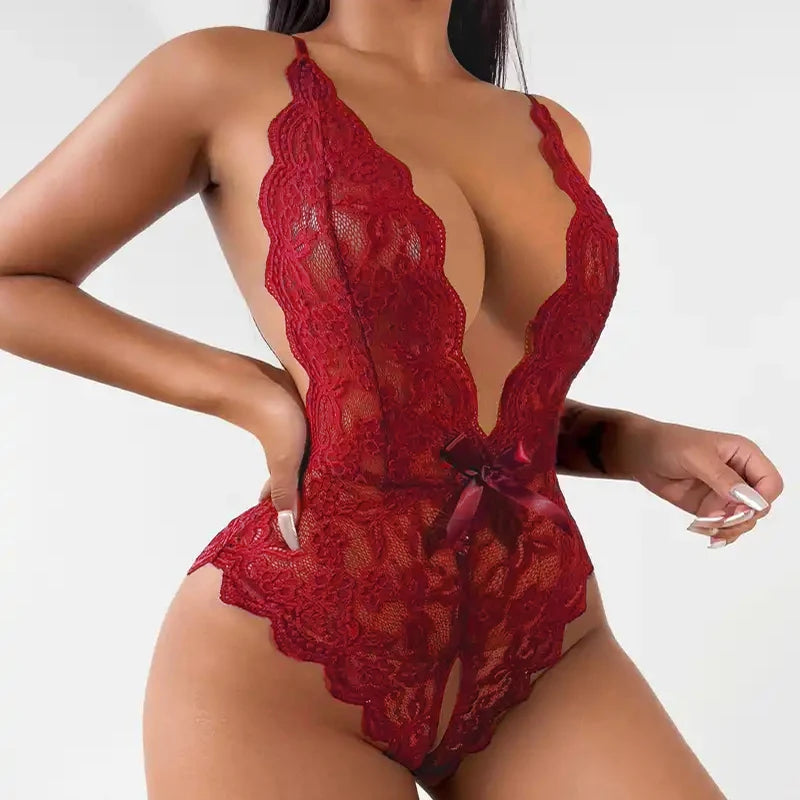 eco-friendly organic cotton pantiesLace Enchantment Deep V Cross Back Crotchless Bodysuit