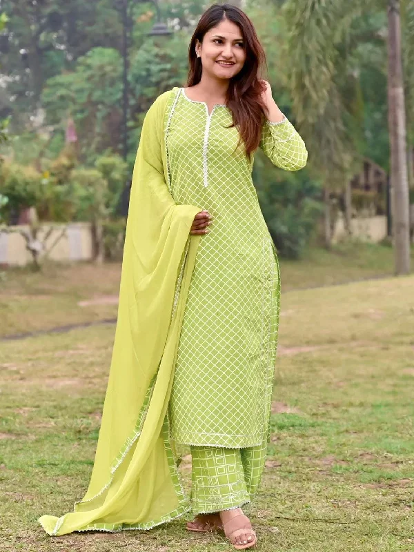 Women's Jumpsuits with Flared LegGreen Printed Cotton Straight Kurta With Palazzos & Dupatta